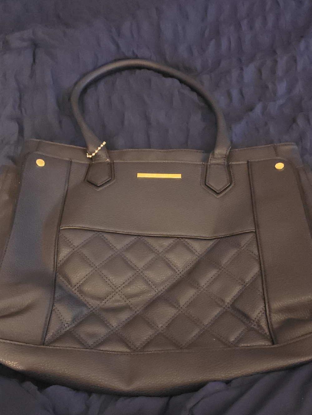 Steve Madden Classic Navy Blue Quilted Tote with Gold Trim